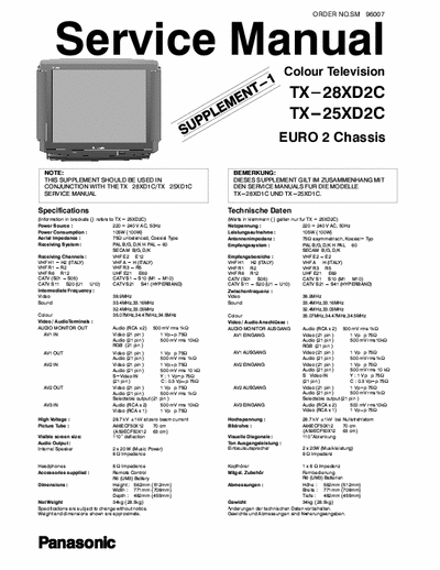 Panasonic TX-28XD2C Panasonic Colour Television
Models: TX-28XD2C, TX-25XD2C
Chassis: EURO2 
Service Manual Supplement 1
